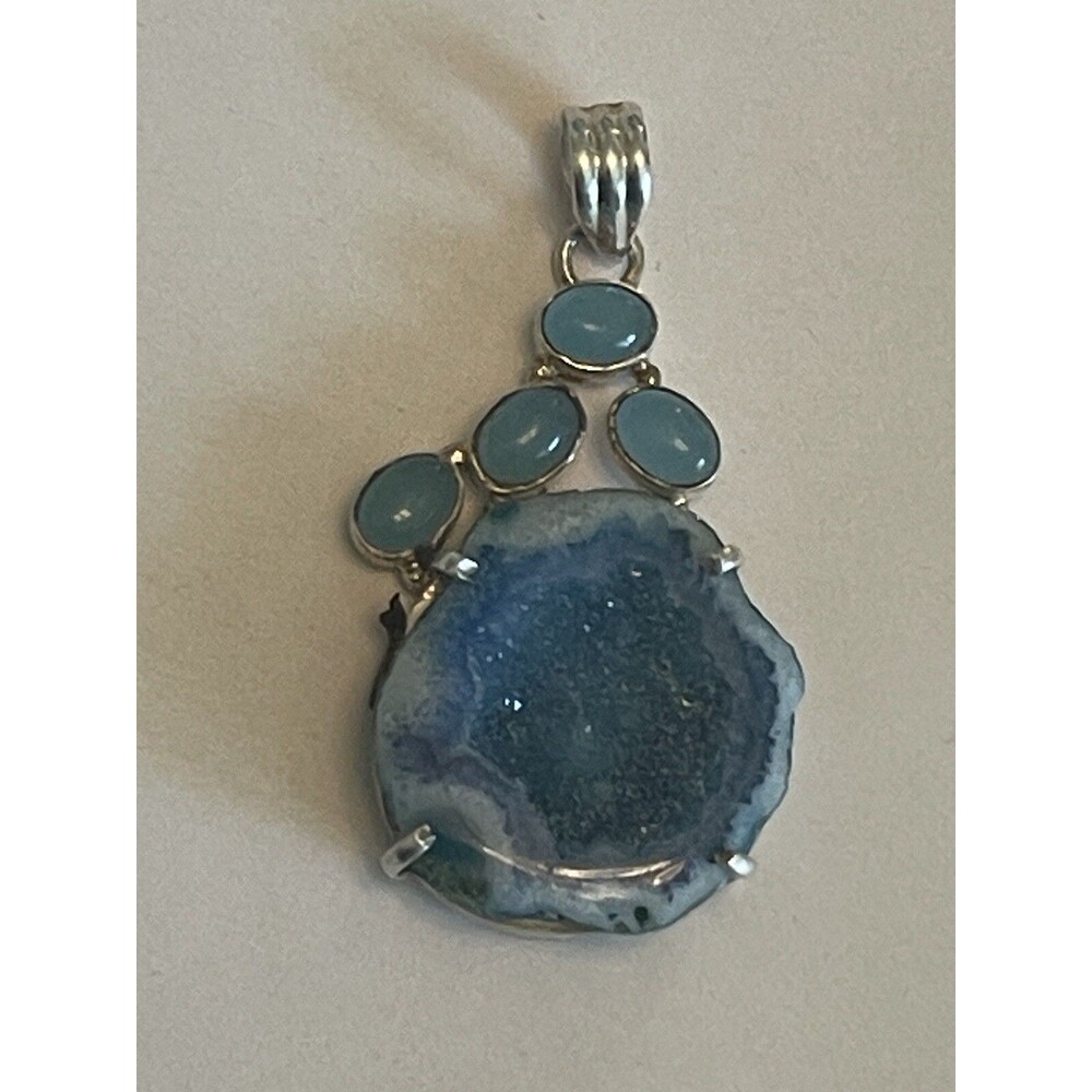 Vintage Pendant 925 Sterling Silver Gemstone Rock Geode Crystal Blue Stone